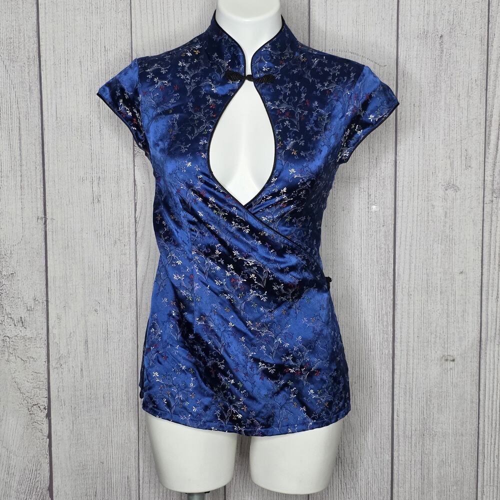 Vintage Y2K Frederick's of Hollywood Blue Brocade Wrap Top, sz Small